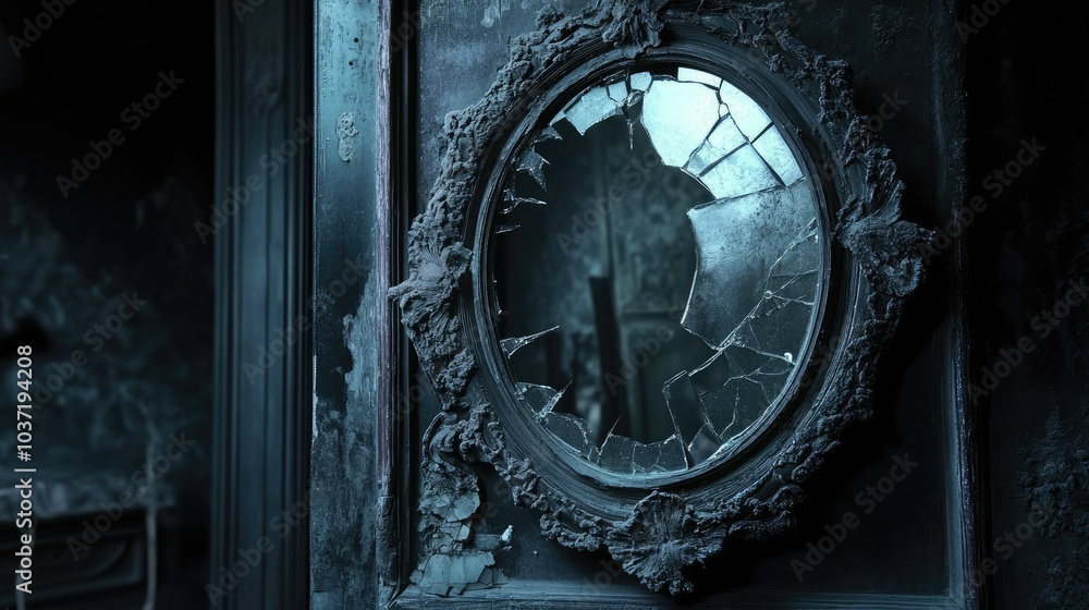 Shadowy setting with a cracked, elaborate mirror, its damaged frame suggesting an eerie history and a sense of foreboding Shadowy setting with a cracked, elaborate mirror, its damaged frame suggesting an eerie history and a sense of foreboding