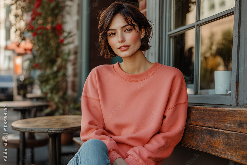 Coral Sweatshirt Mockup, Latina Woman with Short Hair, Casual Streetwear Fashion Coral Sweatshirt Mockup, Latina Woman with Short Hair, Casual Streetwear Fashion