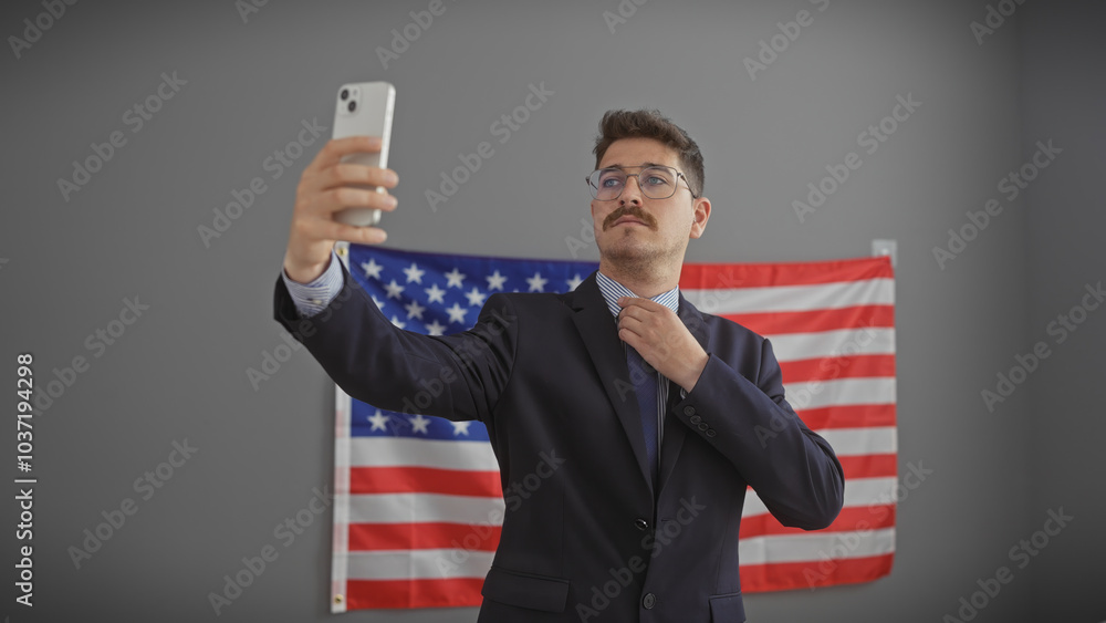 Hispanic man in suit taking selfie with american flag in office, portraying youth and patriotism. Hispanic man in suit taking selfie with american flag in office, portraying youth and patriotism.
