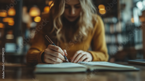 Close-up of a woman student writing a journal on wooden desk setup in book shelves, library background, focusing on the hands and the pen, seriously studying hard at school library