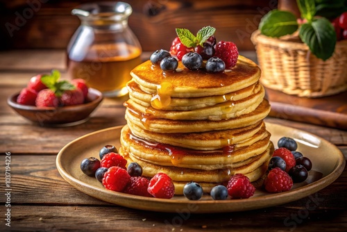 Delicious American Pancakes Stacked High with Maple Syrup Drizzling Down for a Tempting Breakfast Scene