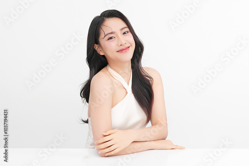 Beautiful young asian woman with clean fresh skin on white background, Face care, Facial treatment, Cosmetology, beauty and spa, Asian women portrait.