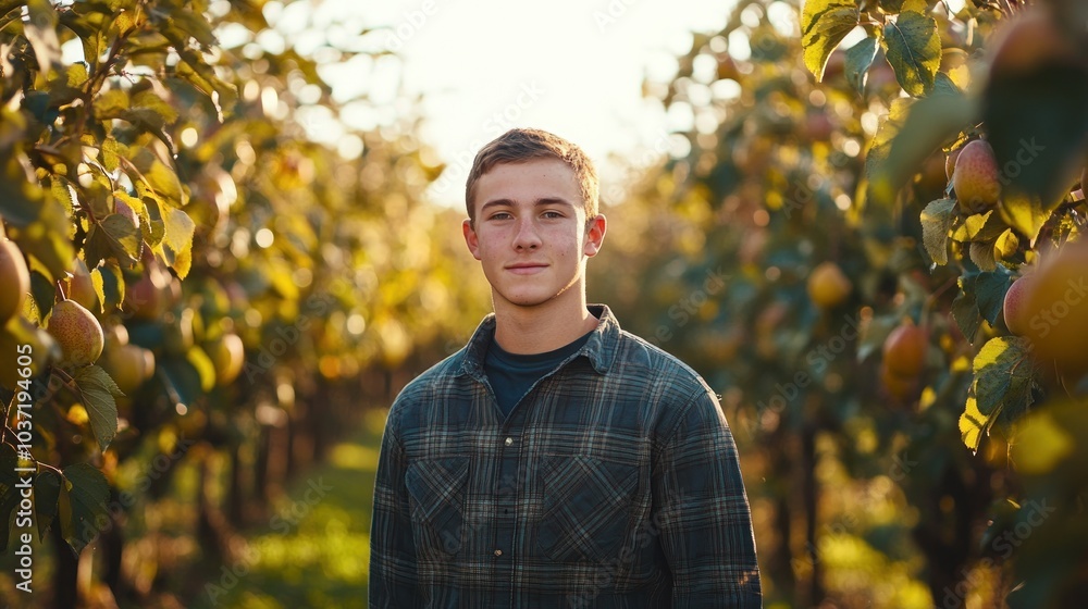 A young man stands in a pear orchard, surrounded by trees laden with fruit during golden hour. A young man stands in a pear orchard, surrounded by trees laden with fruit during golden hour.