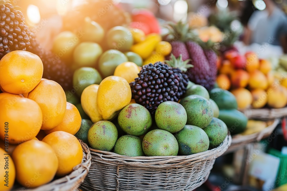 Exotic fruits displayed on a market stall. Exotic fruits displayed on a market stall.