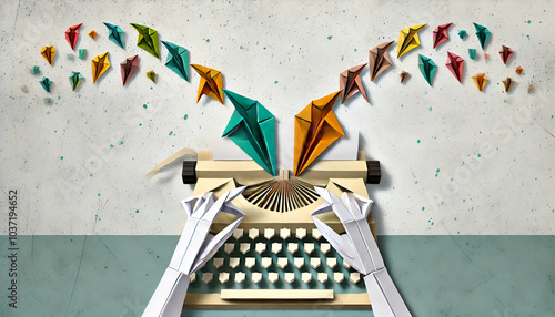 Origami Creativity Explosion from Typewriter with Paper Birds and Hands Typing