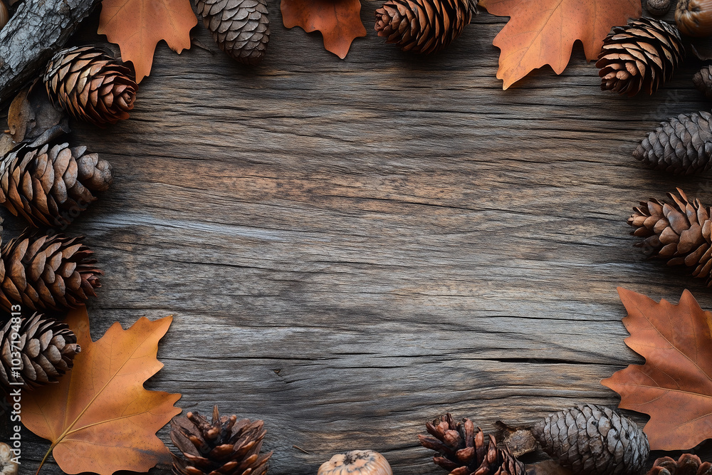 Fototapeta premium Fall themed background with leaves, pine cones, and acorns with copy space made of wood