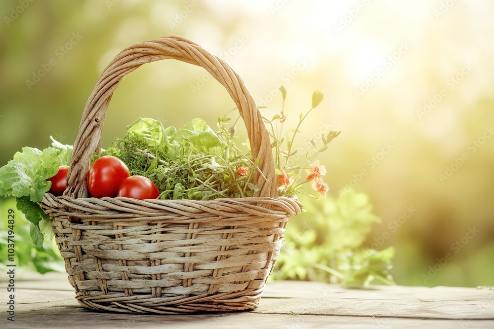 Fresh produce displayed in a rustic basket Fresh produce displayed in a rustic basket