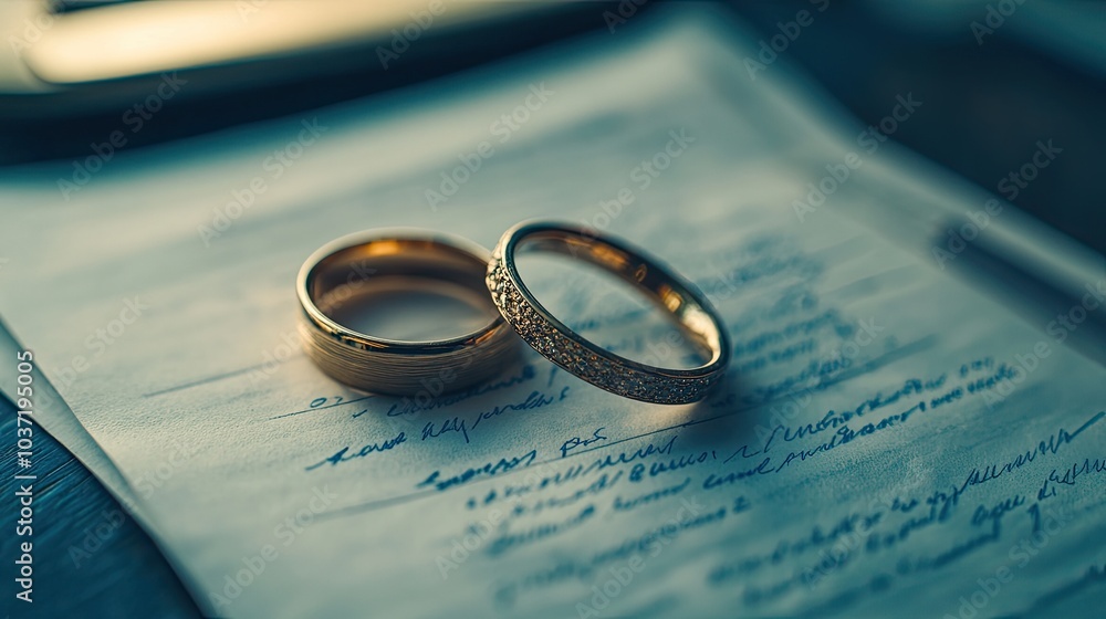 Two wedding rings resting on signed divorce papers, symbolizing the emotional and legal end of a marriage Two wedding rings resting on signed divorce papers, symbolizing the emotional and legal end of a marriage