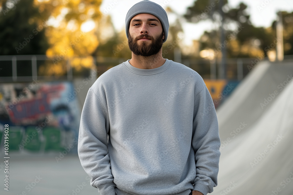 Grey Sweatshirt Mockup, Latino Man with Beard, Urban Streetwear Fashion Grey Sweatshirt Mockup, Latino Man with Beard, Urban Streetwear Fashion