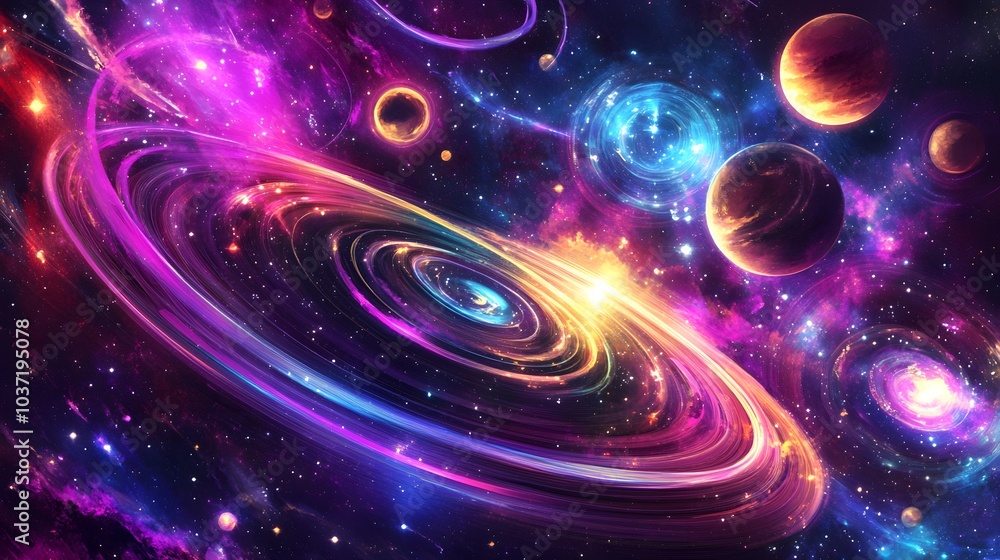 Obraz premium Cosmic Dance: A swirling galaxy, a vibrant tapestry of celestial bodies, painted in hues of purple, blue, and orange, invites you to journey into the vastness of space.