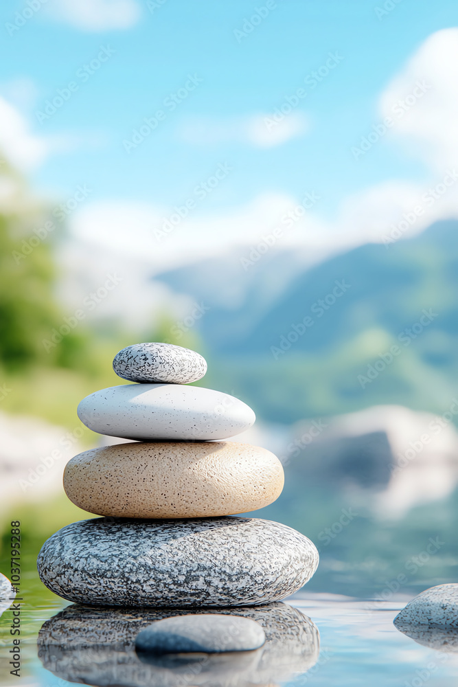 A serene stack of smooth stones by tranquil waters in nature's embrace A serene stack of smooth stones by tranquil waters in nature's embrace