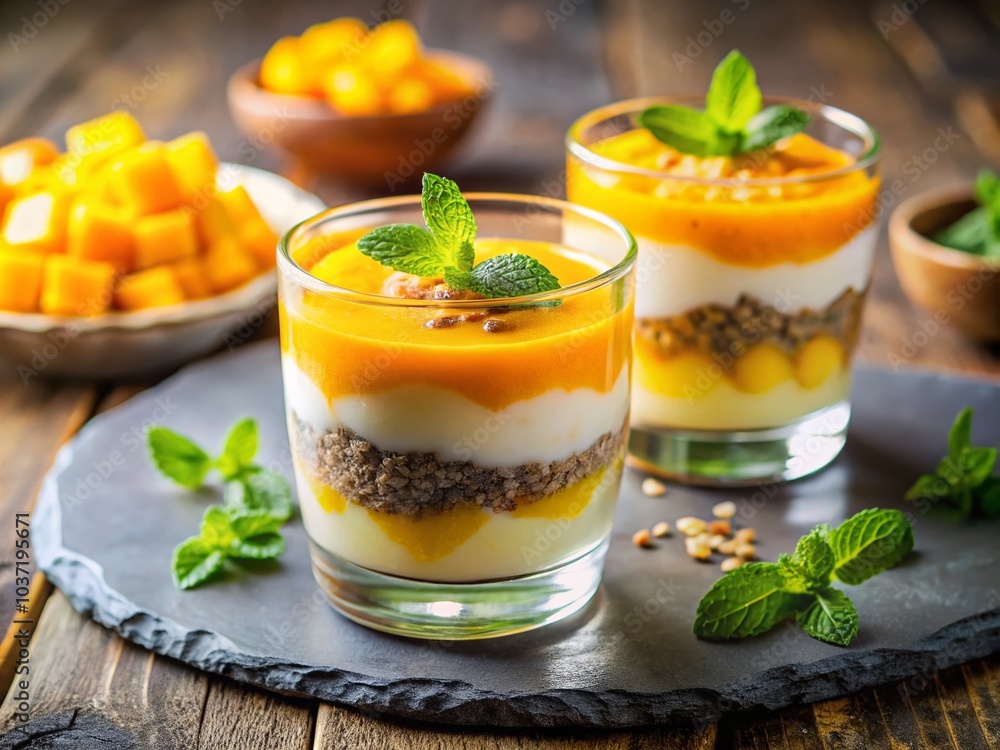 Delicious Mango Chia Seed Dessert with Cream and Muesli - Perfect for Healthy Indulgence Delicious Mango Chia Seed Dessert with Cream and Muesli - Perfect for Healthy Indulgence