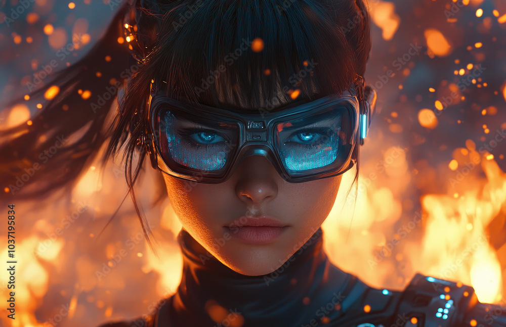 a female wearing sci-fi goggles, with dark brown hair in a ponytail with bangs and blue eyes, wearing futuristic armor a female wearing sci-fi goggles, with dark brown hair in a ponytail with bangs and blue eyes, wearing futuristic armor