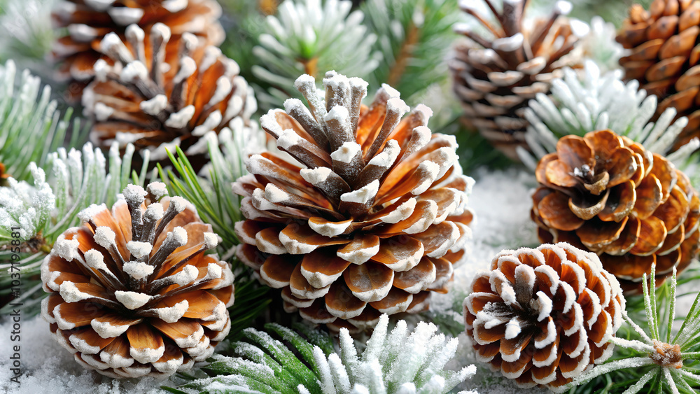 Frosted pine cones and evergreen branches in soft brown tones Frosted pine cones and evergreen branches in soft brown tones