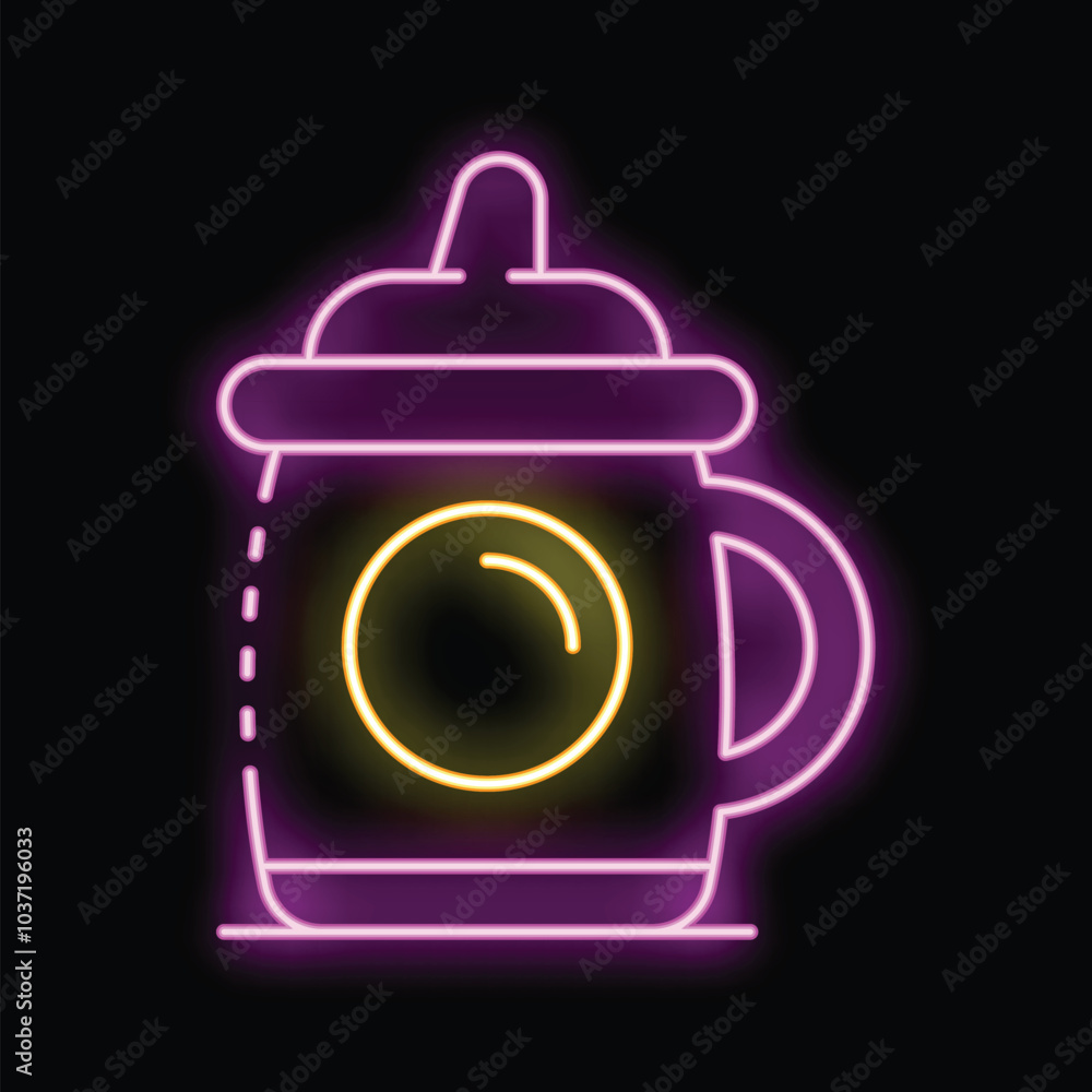 Obraz premium Glowing neon line baby bottle icon isolated on black background. Baby formula sign. Vector illustration