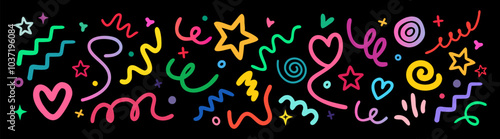 Colorful abstract doodle lines seamless pattern. Hand drawn various shapes, strokes, swirl. 