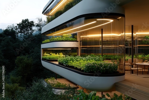 A futuristic balcony garden featuring layered terraces of lush vegetation, integrating modern architecture with a natural aesthetic, overlooks a scenic forest view. photo