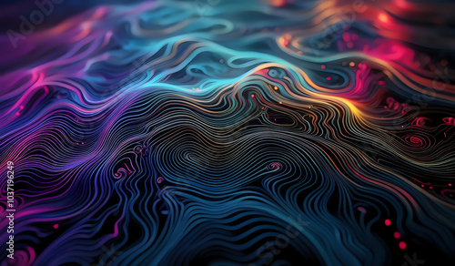 Colorful wavy neon lines background on black