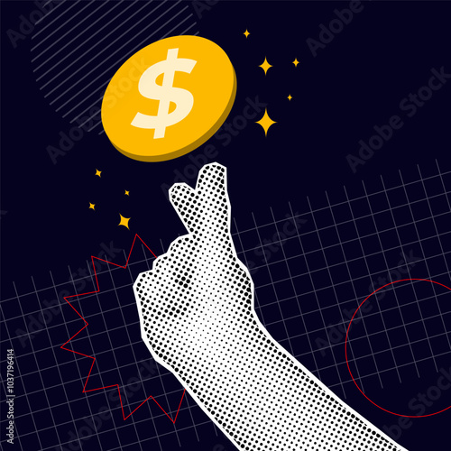 Halftone hands holding money. Concept of online payment, saving money, cashback, shopping. Modern retro y2k vector illustration