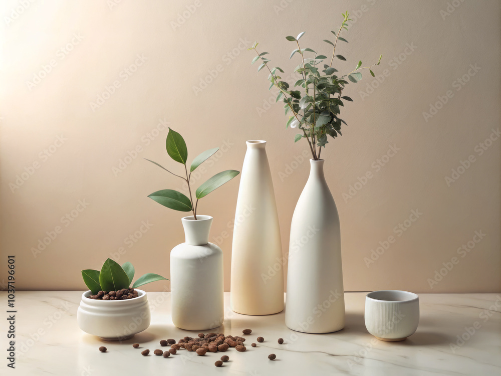 custom made wallpaper toronto digitalMinimalist arrangement of white ceramic vases with greenery and coffee beans creates serene and elegant atmosphere. Perfect for modern decor enthusiasts