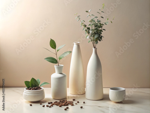 Wallpaper Mural Minimalist arrangement of white ceramic vases with greenery and coffee beans creates serene and elegant atmosphere. Perfect for modern decor enthusiasts Torontodigital.ca