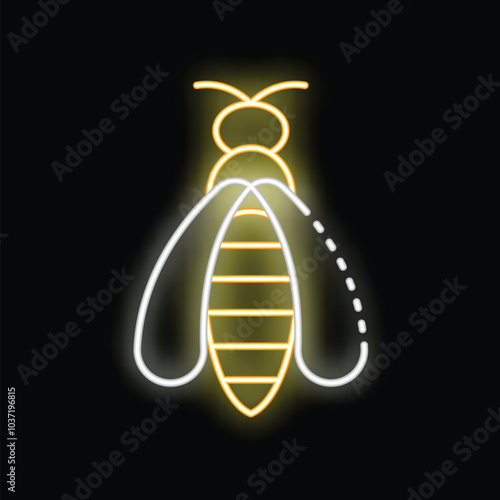 Bright neon sign depicting a honeybee with glowing wings and body, set against a dark background