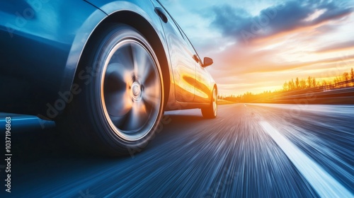A sleek blue car speeds along a highway at sunset, showcasing the vibrant sky and a sense of freedom on the open road.