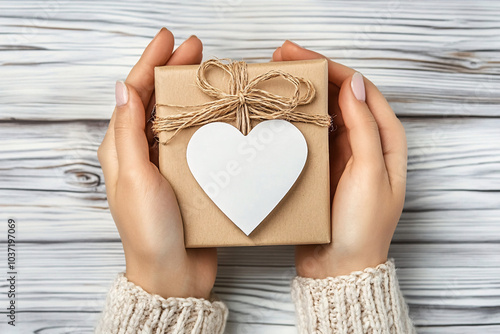 Rustic Gift Box Wrapped in Twine and Wooden Heart, Held in Hands, Perfect for Valentine's Day, Wedding, or Celebration Designs Focused on Love and Appreciation photo