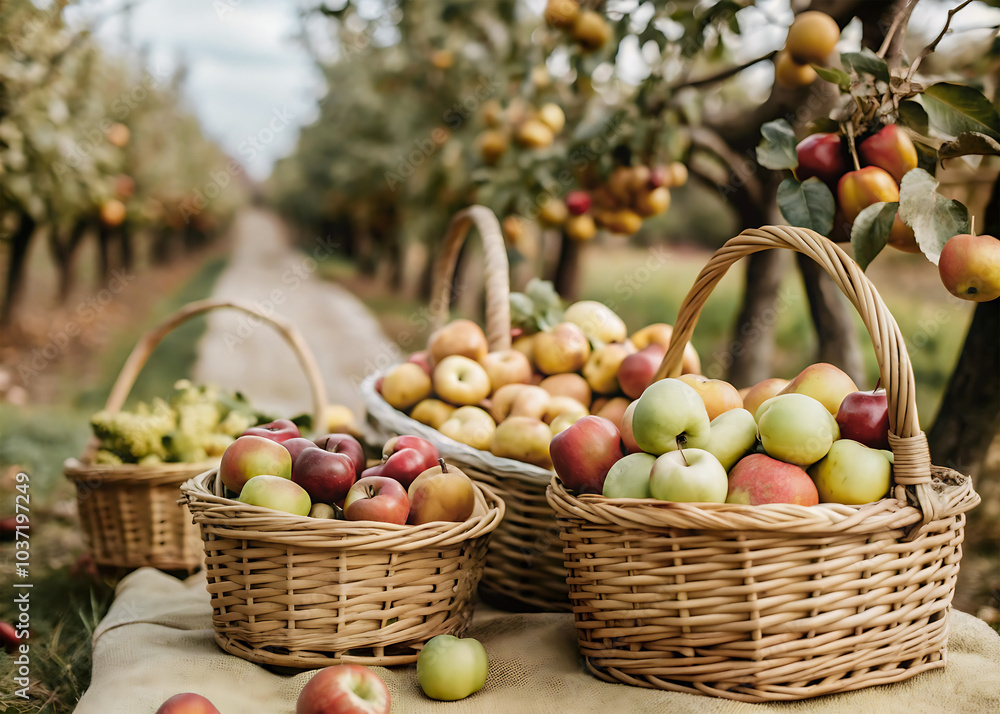 Basket of Apples: A Rustic Collection of Freshly Harvested Fruits Perfectly Arranged. Basket of Apples: A Rustic Collection of Freshly Harvested Fruits Perfectly Arranged.