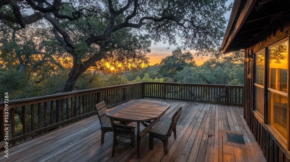 Scenic sunset view from a wooden deck surrounded by trees. Scenic sunset view from a wooden deck surrounded by trees.