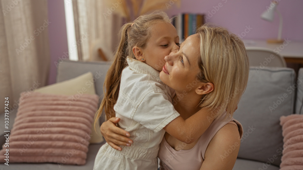 Daughter kissing mother in living room of home, showcasing family bond, love, and affection between a woman and child in a cozy interior setting with pillows and decorations around them. Daughter kissing mother in living room of home, showcasing family bond, love, and affection between a woman and child in a cozy interior setting with pillows and decorations around them.