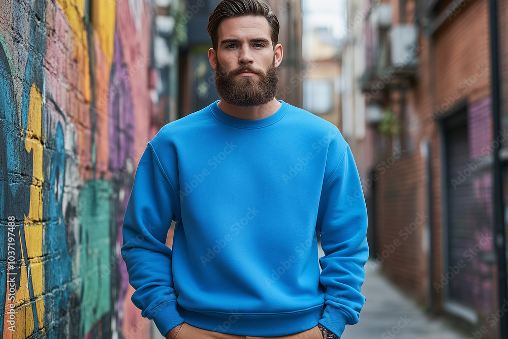 Fototapeta premium Royal Blue Sweatshirt Mockup, Caucasian Man with Beard, Modern Fashion Apparel