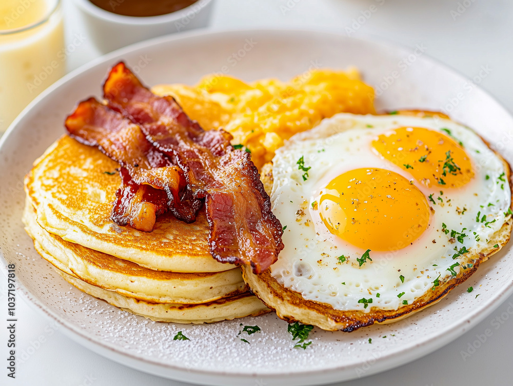 Breakfast with bacon, eggs, pancakes, and toast Breakfast with bacon, eggs, pancakes, and toast