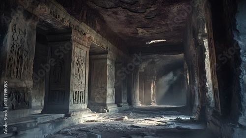 Ancient Ruins: A ray of light pierces the darkness, illuminating the intricate carvings and faded grandeur of a forgotten temple, evoking a sense of mystery and the passage of time. 