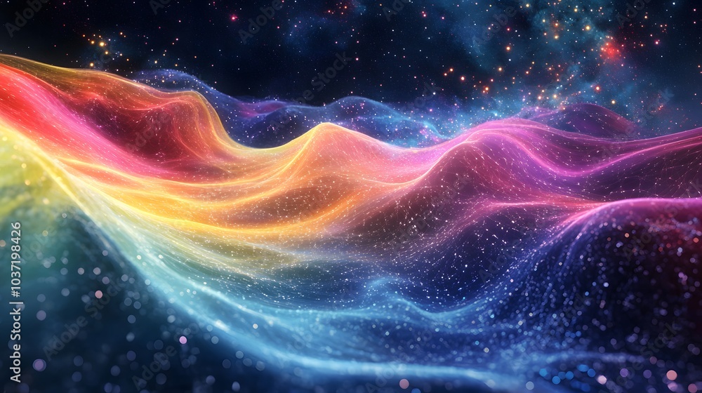 Obraz premium Cosmic Rainbow: Abstract digital art of a vibrant, colorful nebula, resembling a flowing rainbow in space. Perfect for backgrounds, websites, or any project needing a touch of cosmic beauty. 