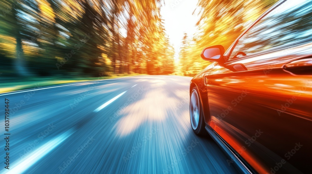 Obraz premium A dynamic shot of a red car speeding down a sunlit road surrounded by lush trees, creating a sense of motion and freedom.