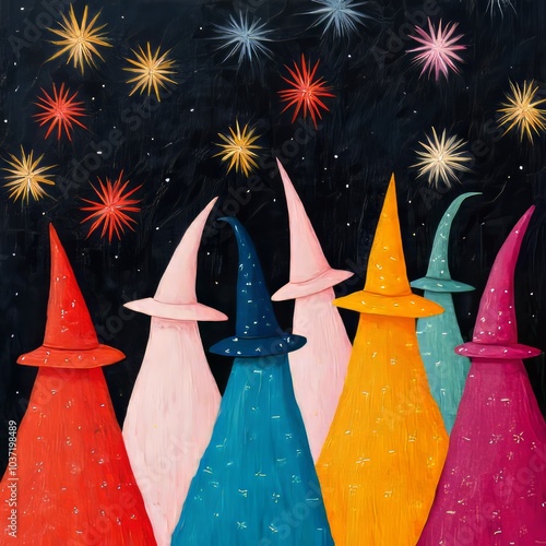 A whimsical gathering of colorful figures in pointed hats against a starry background.