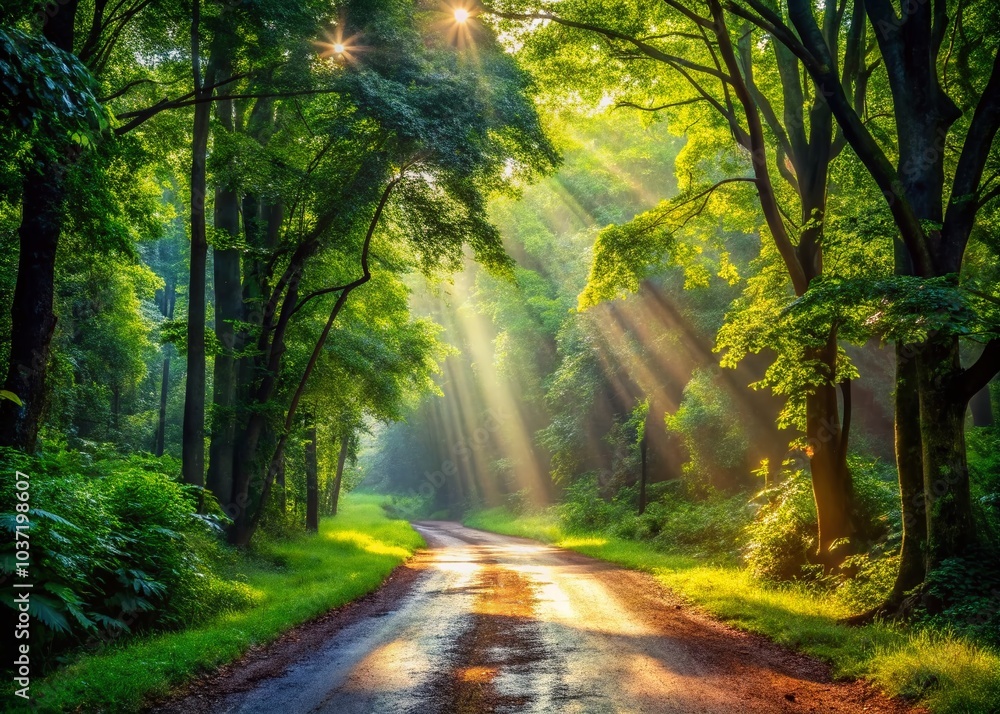 Fototapeta premium Dirt Road in Lush Foliage Forest After Rain - Serene Nature Scene