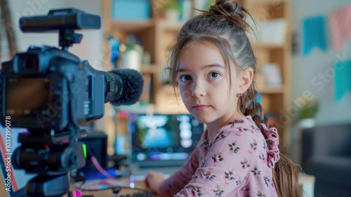 A young girl sits in front of a camera, wearing a pink shirt and a ponytail