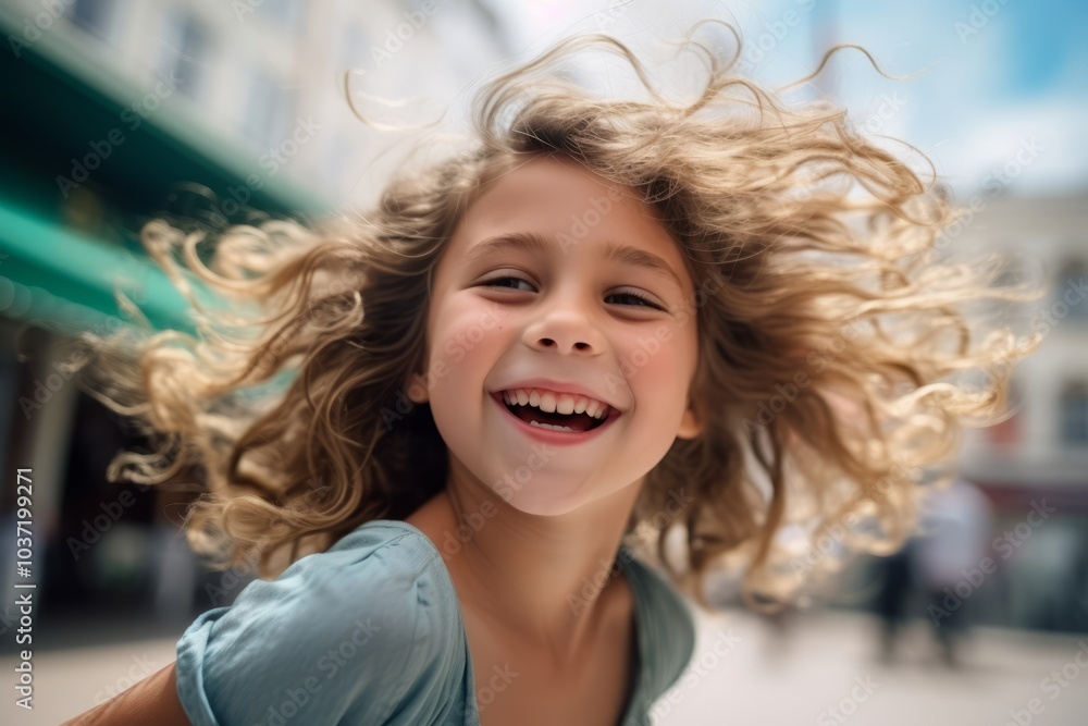 Closeup portrait of smiling little girl with curly hair in the city Closeup portrait of smiling little girl with curly hair in the city
