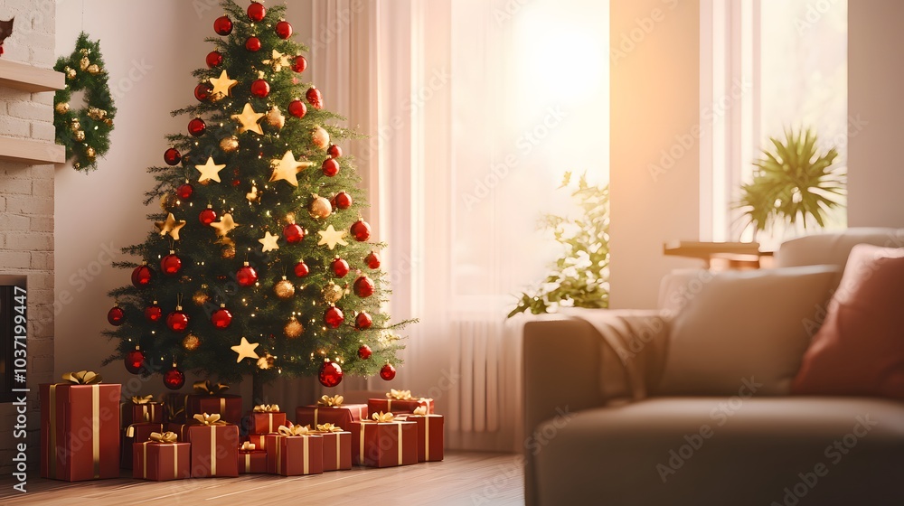 Decorated Christmas Tree with Presents Underneath in a Cozy Living Room Decorated Christmas Tree with Presents Underneath in a Cozy Living Room