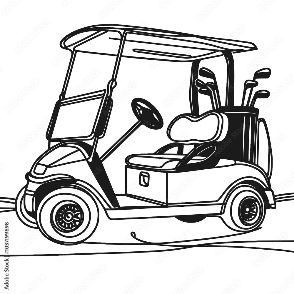 Single line illustration of a golf cart, elegant continuous outline, minimalist design Single line illustration of a golf cart, elegant continuous outline, minimalist design