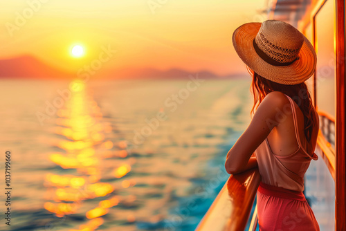 Luxury cruise ship travel elegant tourist woman watching sunset on balcony deck of Europe mediterranean cruising destination. Summer vacation cruiseship sailing away on holiday
