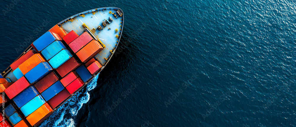 Aerial view of cargo ship loaded with colorful containers navigating through deep blue waters, showcasing maritime transport and global trade Aerial view of cargo ship loaded with colorful containers navigating through deep blue waters, showcasing maritime transport and global trade