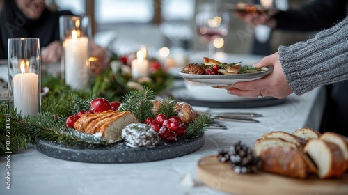 Festive Christmas Dinner Table Setting with Festive Foods and Decor