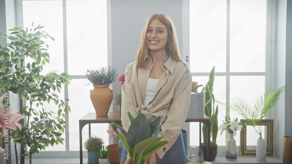 A smiling caucasian woman in a bright indoor room surrounded by plants and natural light A smiling caucasian woman in a bright indoor room surrounded by plants and natural light