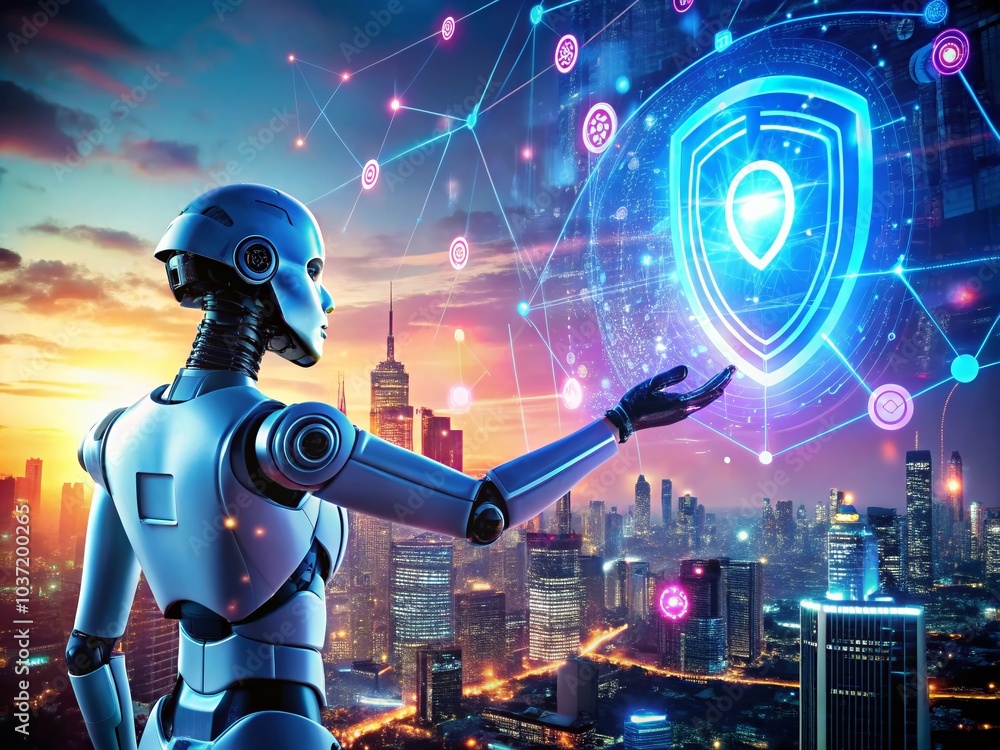 Double Exposure of Night City with Cyber Security Hologram and AI Robot Hand for Data Protection and Network Double Exposure of Night City with Cyber Security Hologram and AI Robot Hand for Data Protection and Network