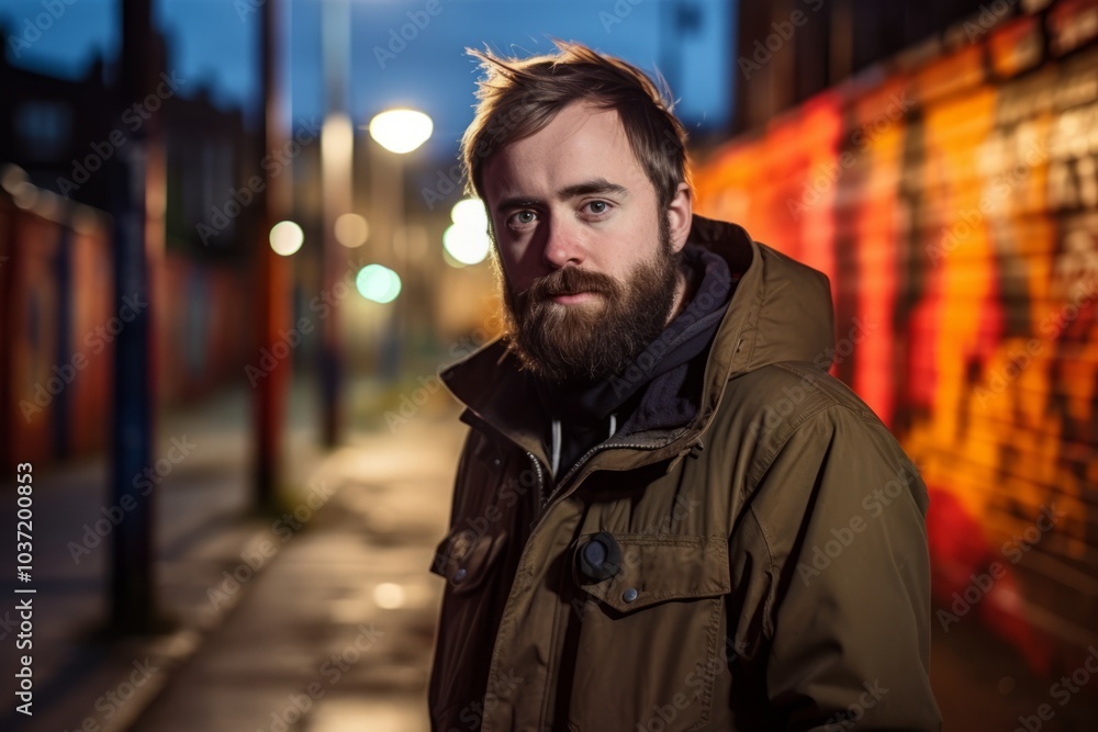 Portrait of a handsome young man with a beard in the city at night Portrait of a handsome young man with a beard in the city at night