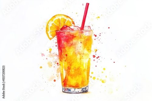 Refreshing Tropical Punch Watercolor Splash on White Background - Vibrant Yellow and Red Blend Artwork