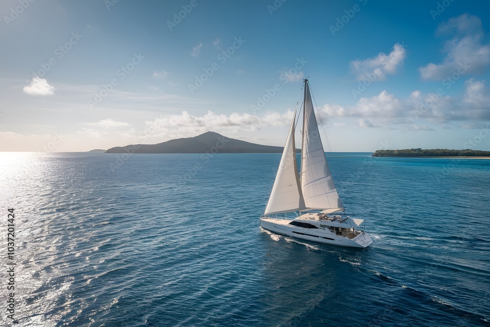 Obraz premium A pristine sailboat gently cruising across deep blue ocean waters.